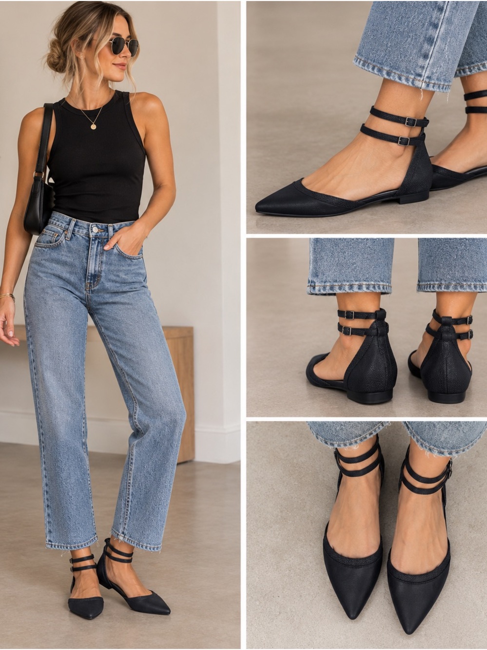 Life Stride Soft System Chic Elegant Black Pointed-Toe Double-Ankle Strap Flats